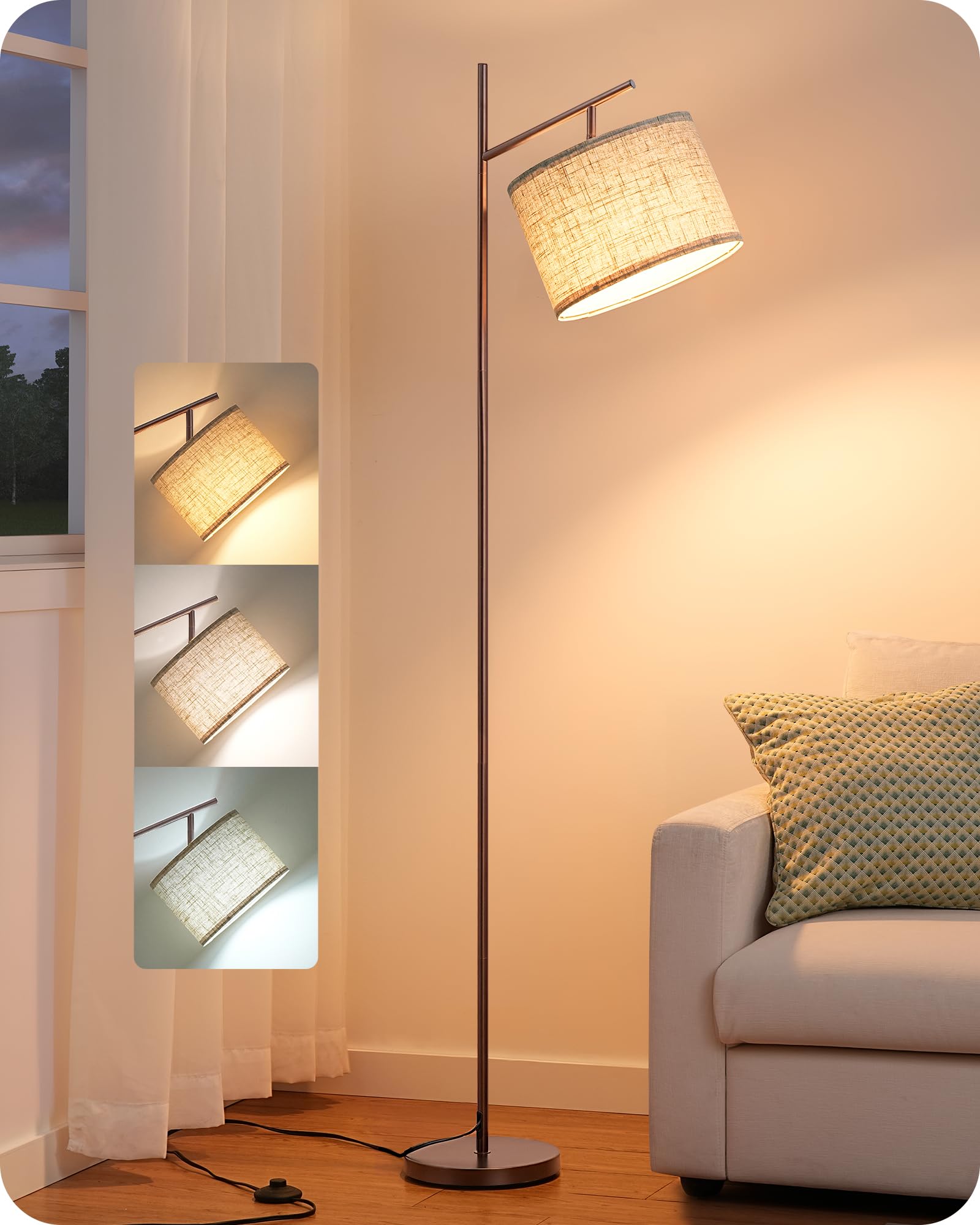 Photo 1 of EDISHINE 64.7" Modern Minimalist Floor Lamps for Living Room with 3 Color Temperatures Bulb & Adjustable Linen Shade, Foot Pedal Switch, Tall Standing Lamp for Bedroom Office, Brown