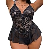 Avidlove Plus Size Lingerie for Women Lace Bodysuit One Piece Teddy Babydoll Mesh Chemise V Neck Sleepwear L-5XL