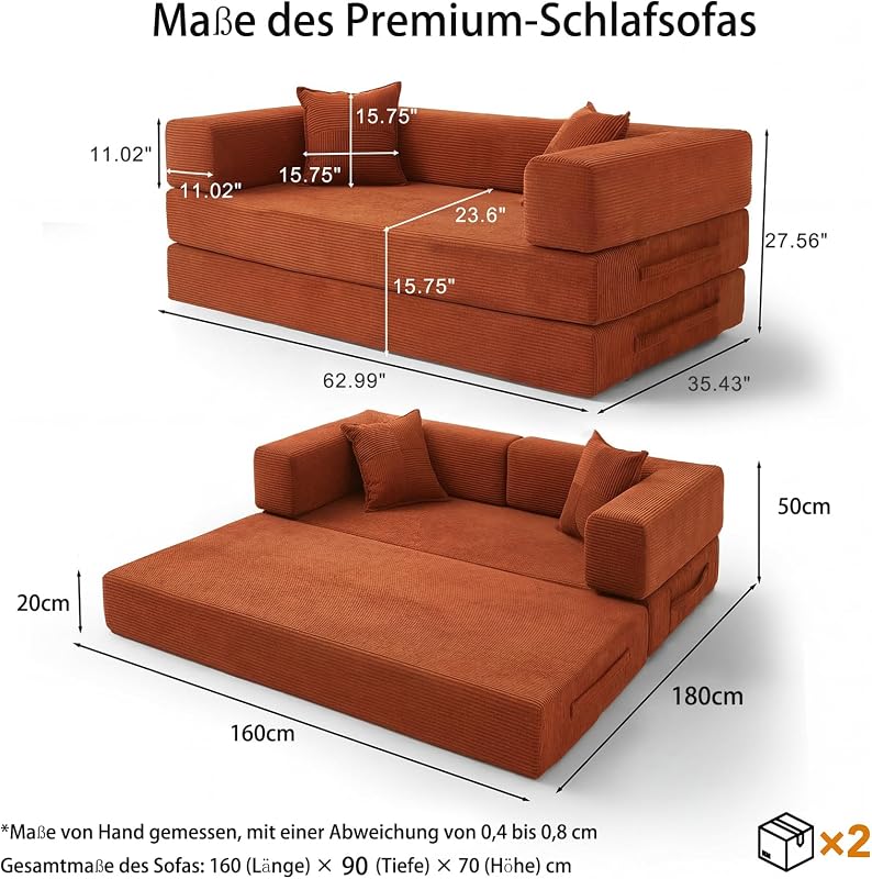 rahmenloses Sofa, 160 cm, mit Schaumstoff und Federn, für Schlafzimmer, Orange