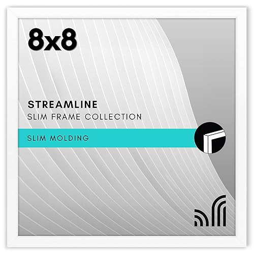 Americanflat 8x8 Picture Frame with Shatter-Resistant Glass - Streamline Collection - Thin Border Square Frame for Tabletop and Wall Display - Hanging Hardware and Easel Stand Included - White