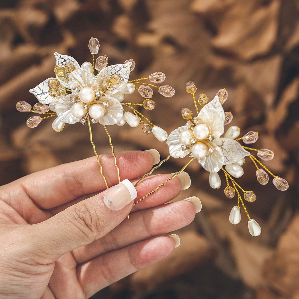 IYOU Flower Wedding Hair Pins Silver Crystal Headpiece Pearl Hair Clips Bridal Bride Hair Accessories for Women and Girls(Pack of 2)