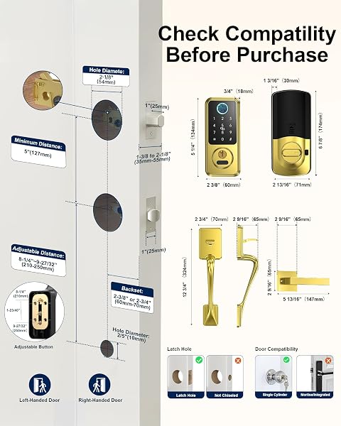 HORNBILL SMART LOCK FOR FRONT DOOR, KEYLESS ENTRY DOOR LOCK WITH HANDLESET, SMART DEADBOLT LOCK FOR HOME/NEW HOUSE, AUTO-LOCK, BRUSHED GOLD