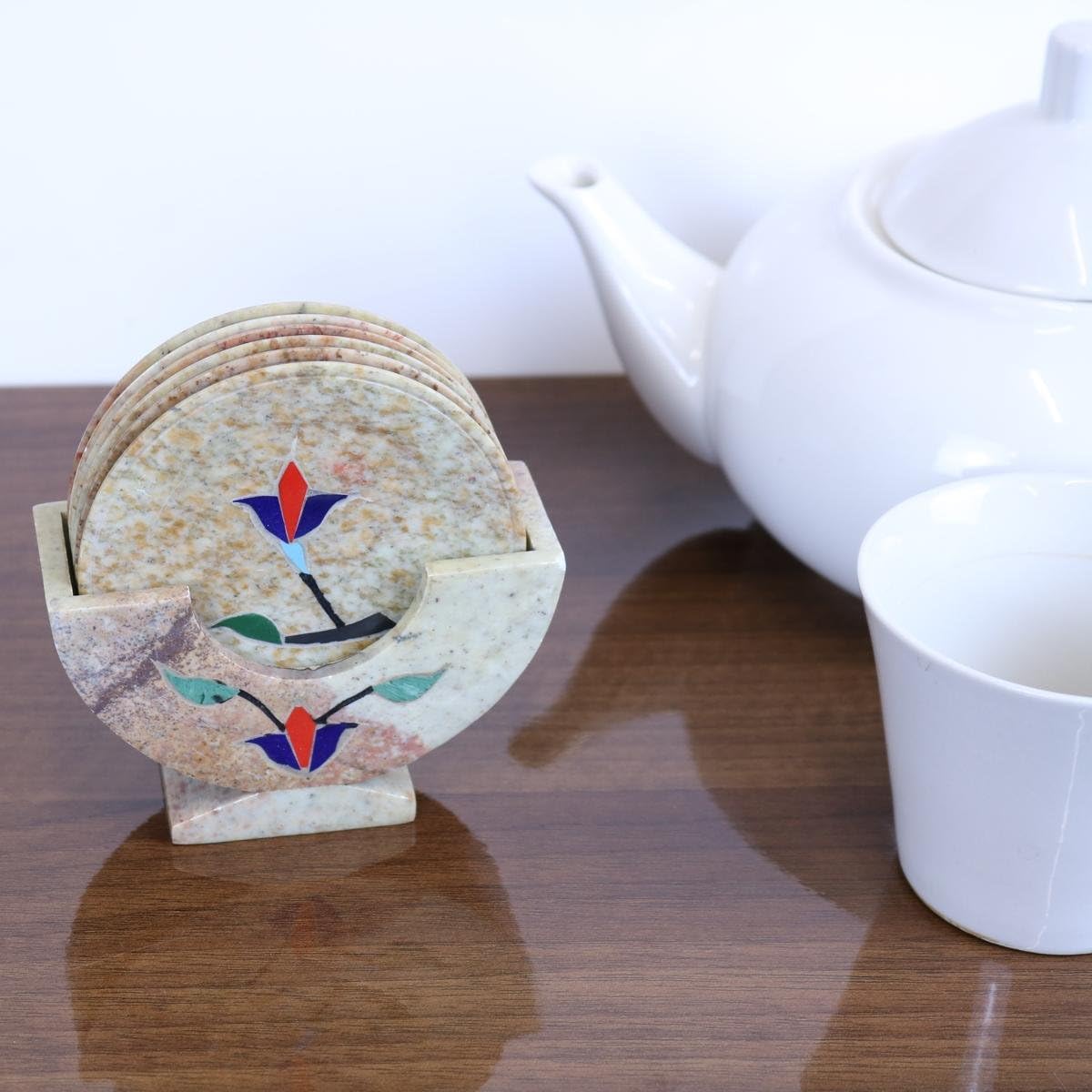 Hazara Soapstone Coaster Set of 6 Inlayed Flower