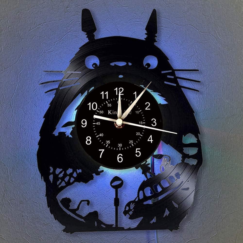 Smotly Totoro Vinyl Wall Clock, LED 7 Color Night Lamp Retro Wall Clock, Living Room, Kitchen, Unique Gifts Handmade Home Wall Decor,With light
