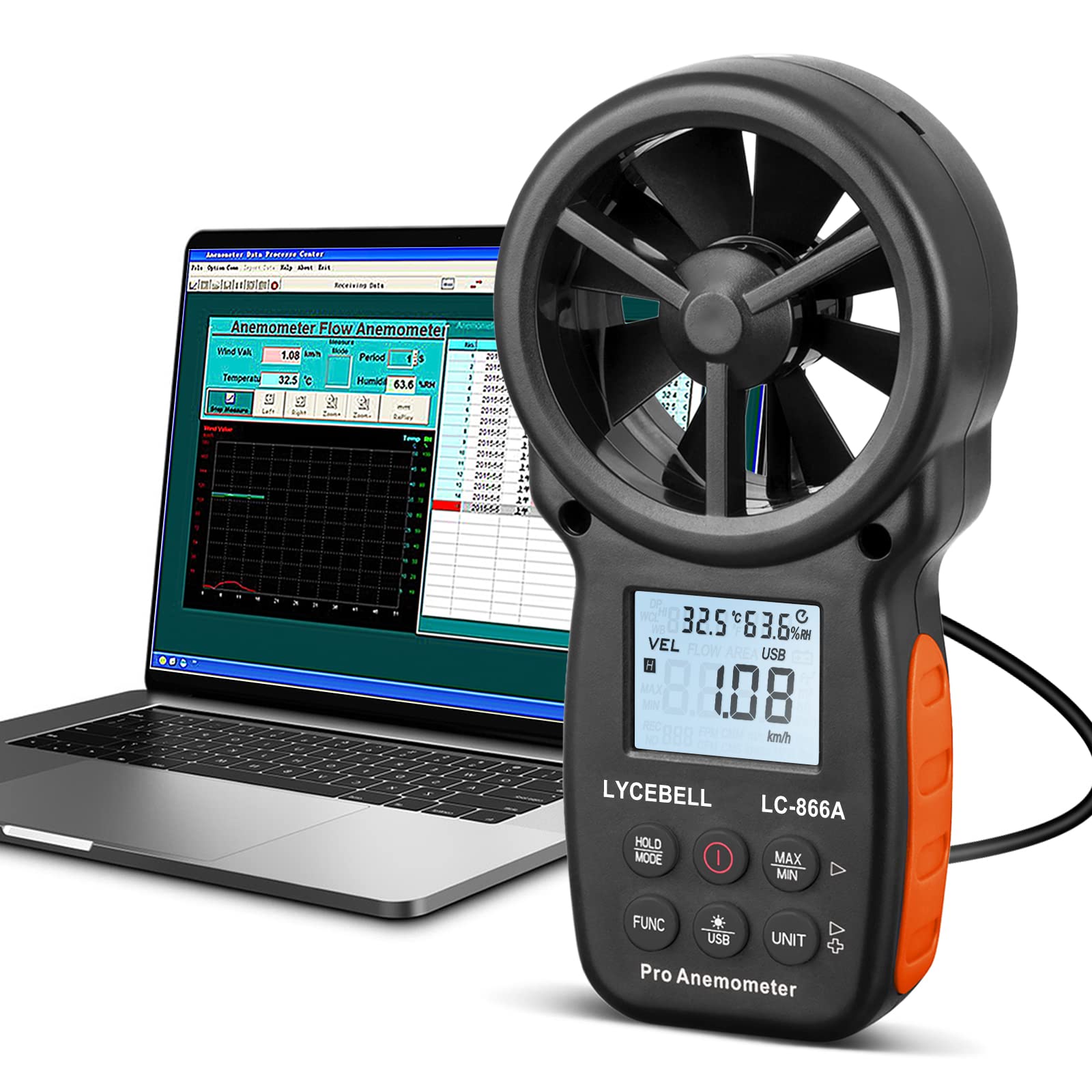 LYCEBELL Handheld HVAC Anemometer LC-866A, Pro Digital Wind Speed Meter for Wind Velocity CFM Measuring, Air Flow Meter with USB Connection to PC, Data Hold & Backlit LCD for Balancing HVAC System