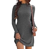 Oakgarden Women's Knit Long Sleeve Sweater Dress Lettuce Trim Mock Neck Tunic Dress Fall Winter Casual Trendy Outfits
