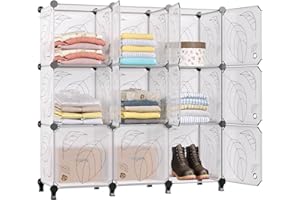 GREENSTELL Closet Organizer, 9 Cube Storage Organizer with Doors, Portable Closet Storage Shelves, Modular Bookcase Closet Cabinet for Clothes, Books, Toys, (11.8x11.8x11.8 inch), Transparent White