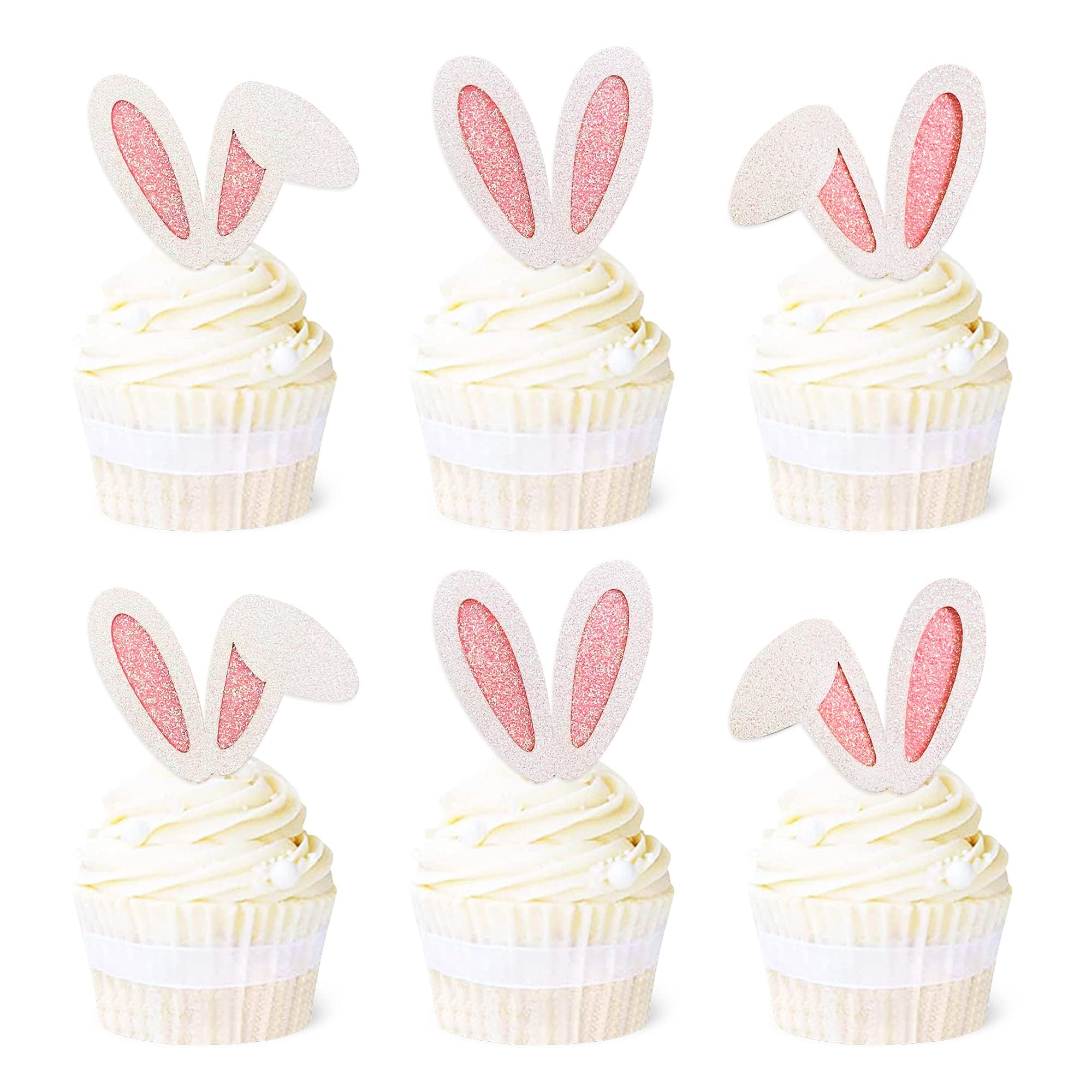 24 Pack Easter Bunny Ear Cupcake Toppers Glitter Pink Rabbit Ears Cupcake Picks Easter Bunny Cupcake Toppers Rabbit Cake Toppers for Kids Birthday Baby Shower Party Supplies