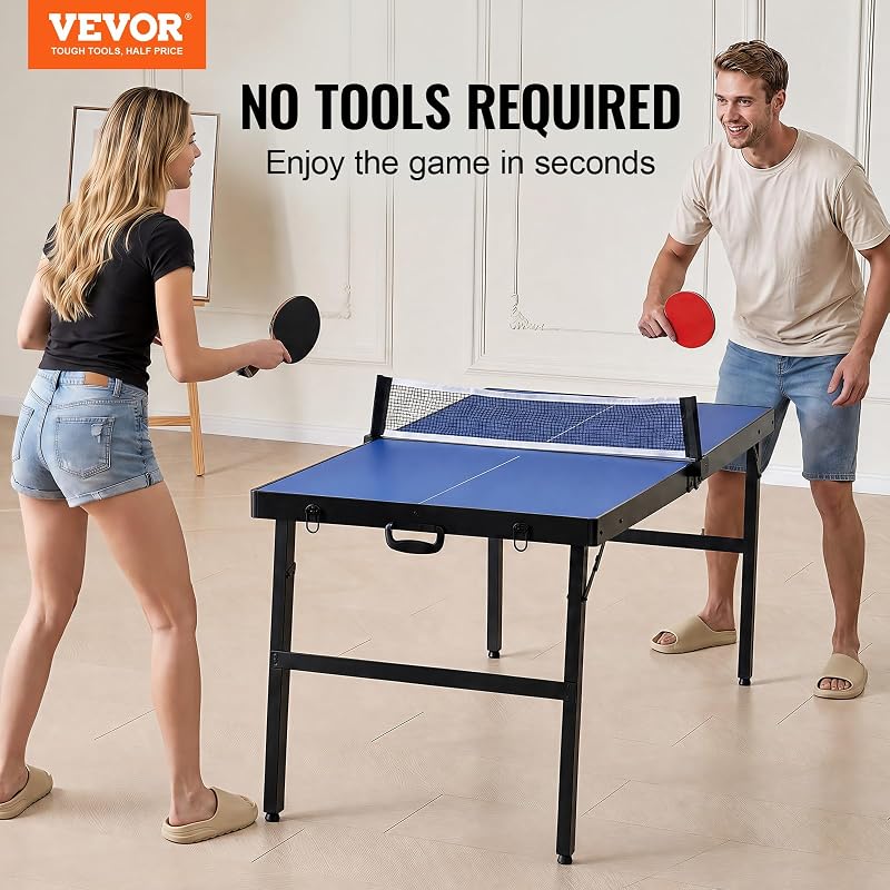 Tischtennistisch Ping-Pong-Tisch, mittelgroße tragbare Tischtennisplatte, Tischtennisplatte aus MDF zusammenklappbar komplettes Set mit Netz, 2 Schlägern, 3 Bällen, Tragetasche, Griff