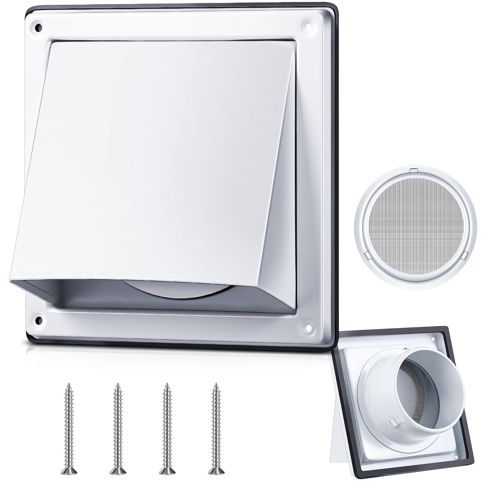 Photo 1 of Gisafai 4 Inch Dryer Vent Cover Outdoor with Stainless Steel Screen White Wall Dryer Exhaust Vent Cover External Cap Cushioned Non Return Flap with Sealing Gasket Grille