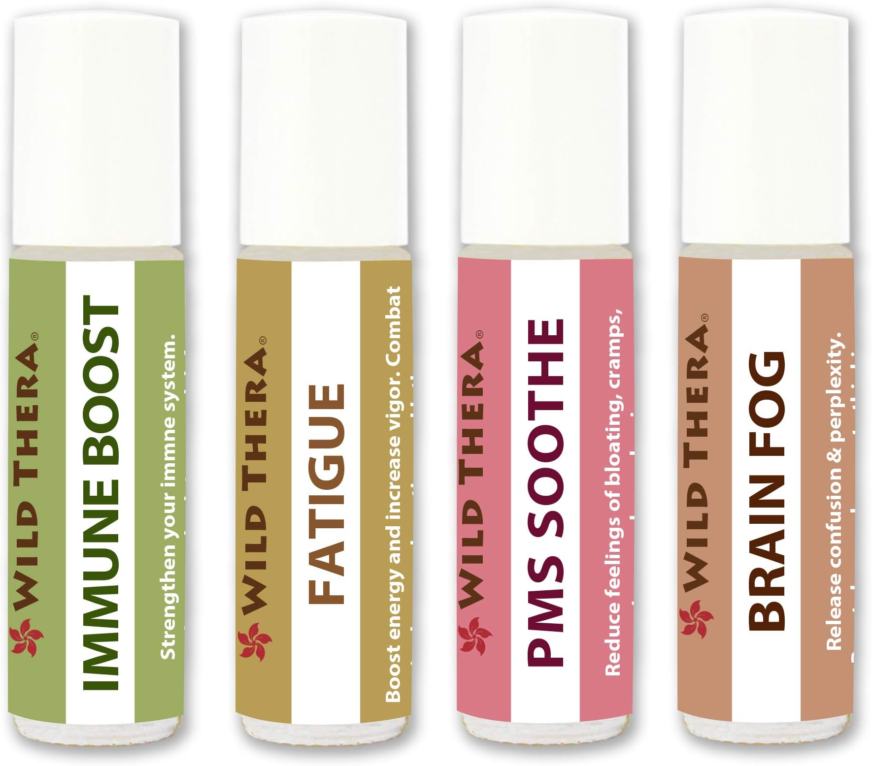 Wild Thera. PMS Support Set of 4 x 10ml. Pure Pre-Diluted Certified Aromatherapy Oils for PMS, Fatigue, Brain Fog and Immune Support. For Mood swings, exhaustion, confusion, nervousness and more.