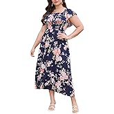 Keluummi Plus Size Summer Maxi Dresses for Curvy Women, Casual Floral Off Shoulder Long Church Sundress with Empire Waist