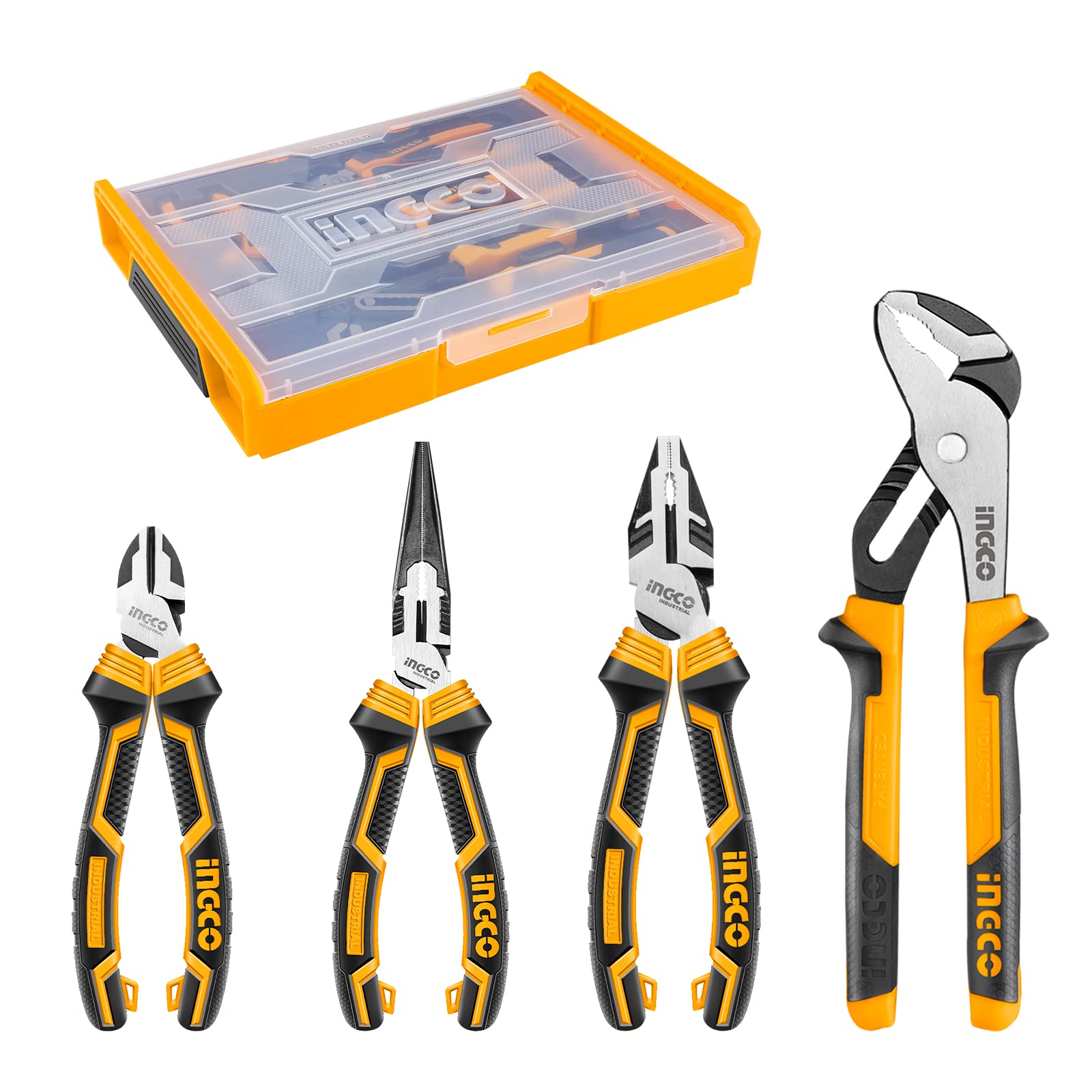 INGCO 4 Pcs Pliers Set in Stackable Box, 8" Long Nose Plier,7" Diagonal Cutting Plier, 8" Combination,10" Pump HKTV01P042