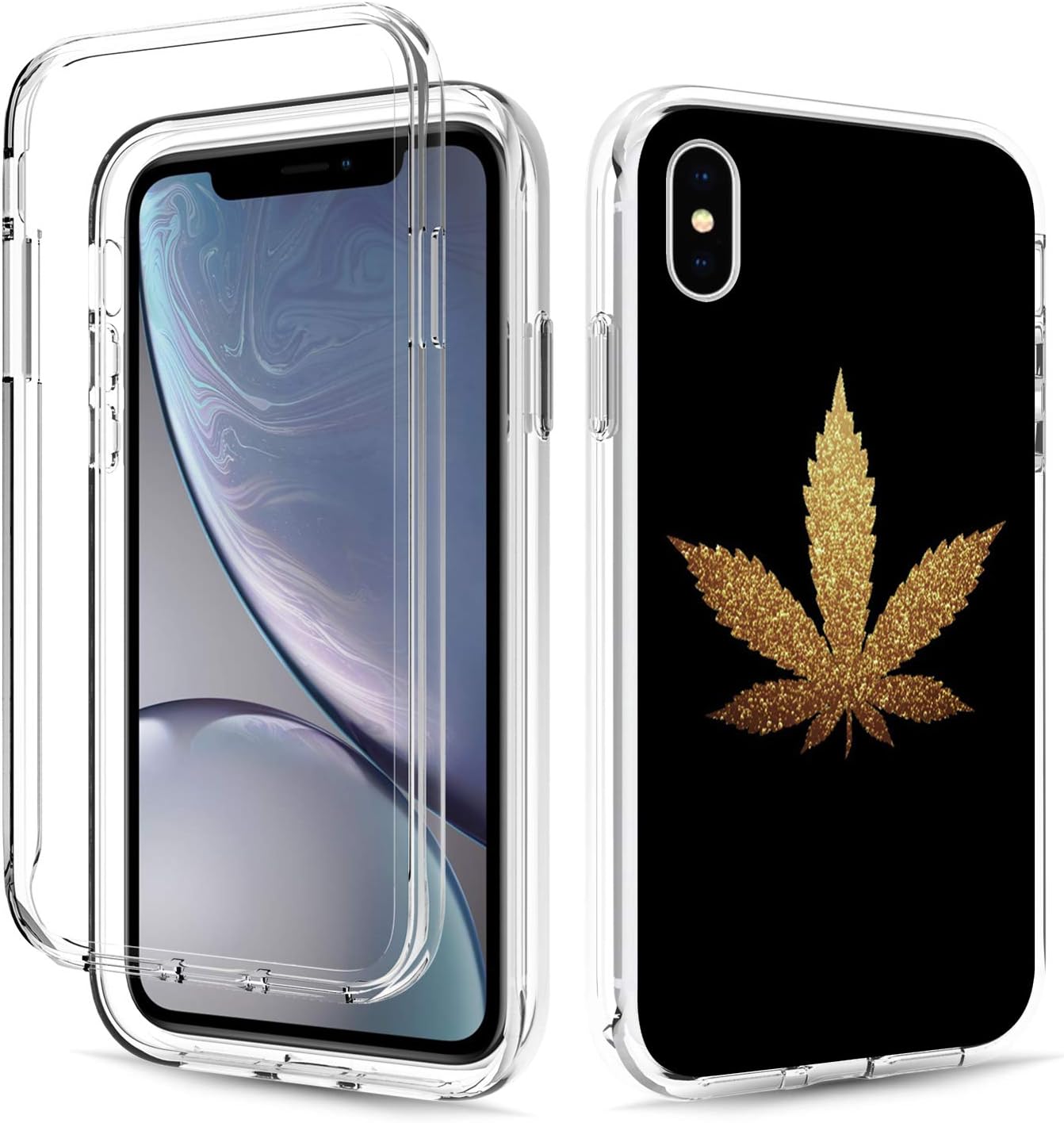 iPhone Xs Max Case, Rossy Full Body Shockproof Dual Layer High Impact Clear Protective Case Hard Plastic & Soft TPU Bumper Cover for Apple iPhone Xs Max 6.5 inch,Funny Marihuana Leaf