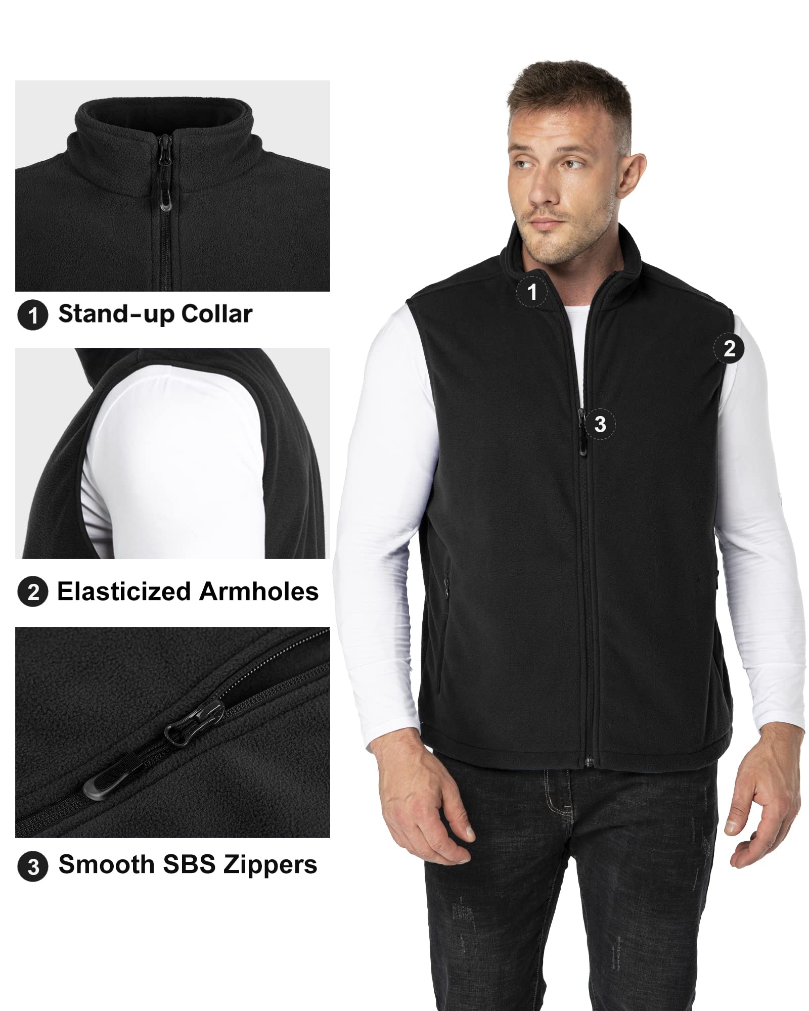 33,000ft Herren Fleece Weste Jacke Standkragen Ultraleicht Outdoor Ärmellose Fleecejacke Gilets Tops Fleeceweste Herren mit Taschen Reißverschluss (Schwarz,L) 4