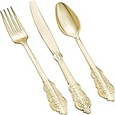 Goodluck 75 Pack Gold Plastic Silverware Set – Heavy Duty Disposable Cutlery, Includes 25 Forks, 25 Spoons, 25 Knives, Elegant Vintage Design for Weddings, Parties, Thanksgiving, and Daily Use