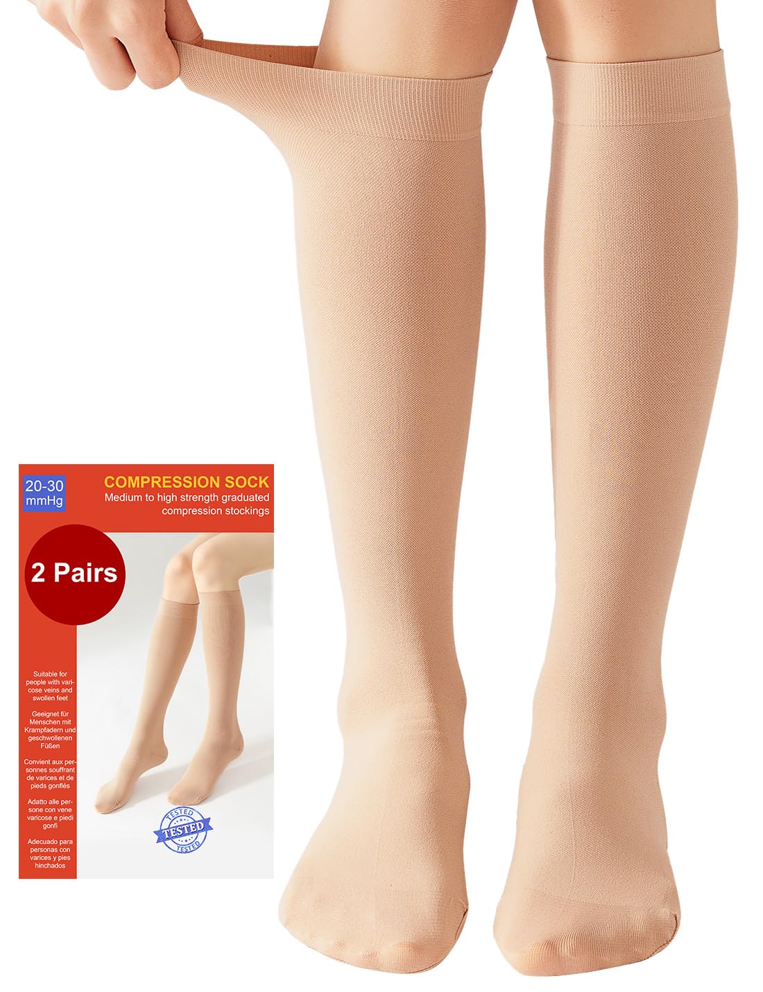 2 Pairs Medical Compression Socks for Women & Men 20-30 mmHg, class 2, Best Graduated Stockings Support Fit for Travel Flight Running Varicose Veins Pregnancy Nurses (2x Beige, S)