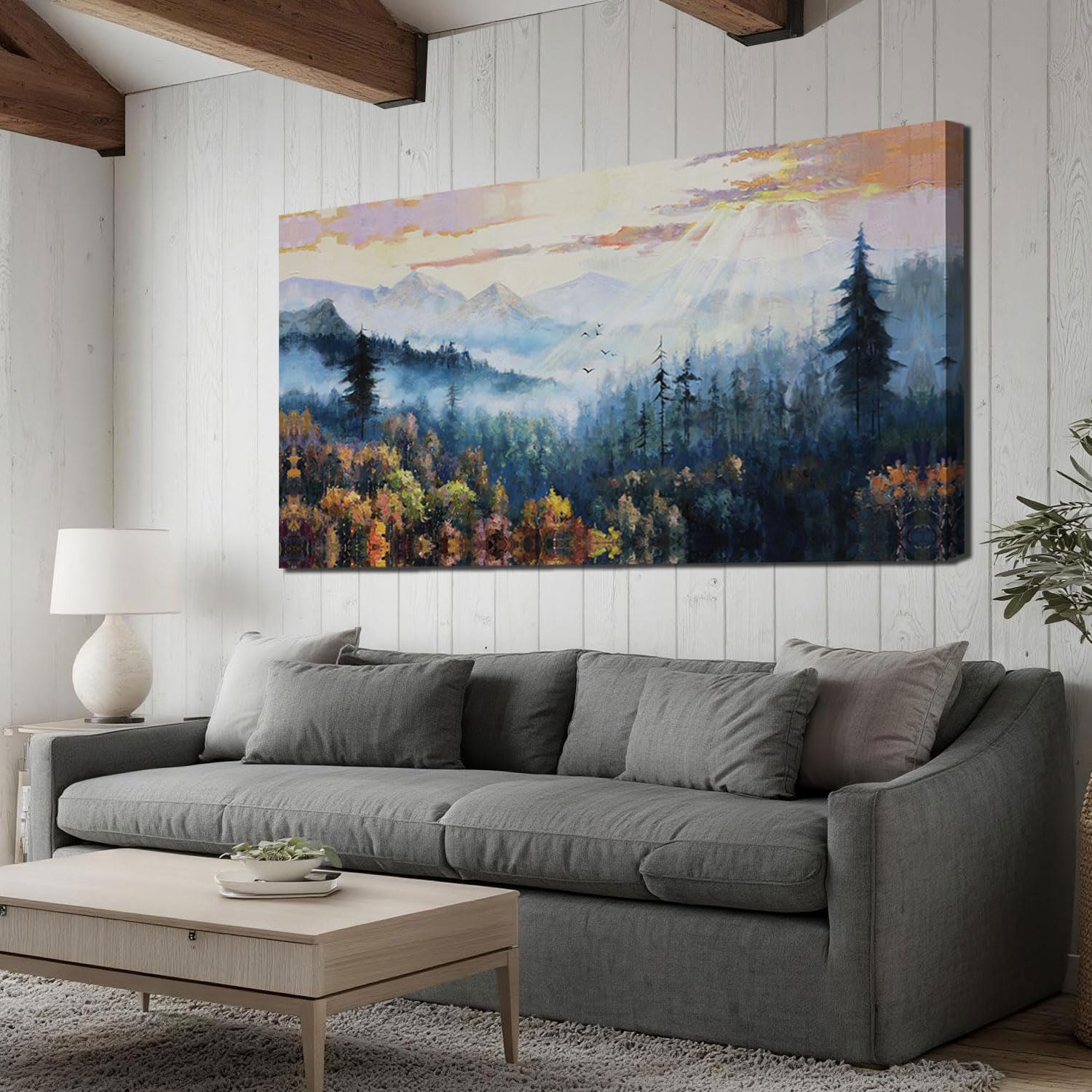 Photo 1 of **knife damage** Arjun Forest Wall Art Decor Vintage Large Landscape Big Canvas Art Wall Decor for Living Room, Nature Mountain Extra Large Painting Bedroom, Pine Tree Artwork Scenery Picture Office Home 59"x28"