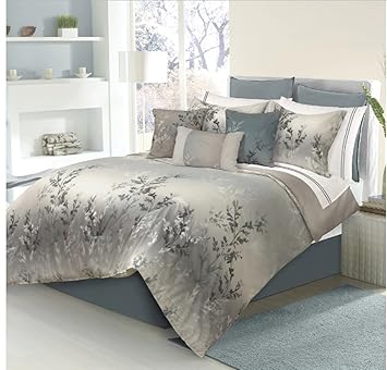 7 Piece Floral Textured Design Comforter Set King Size Featuring Leaves Garden Inspired Motif Comfortable Bedding Contemporary Stylish Nature Themed