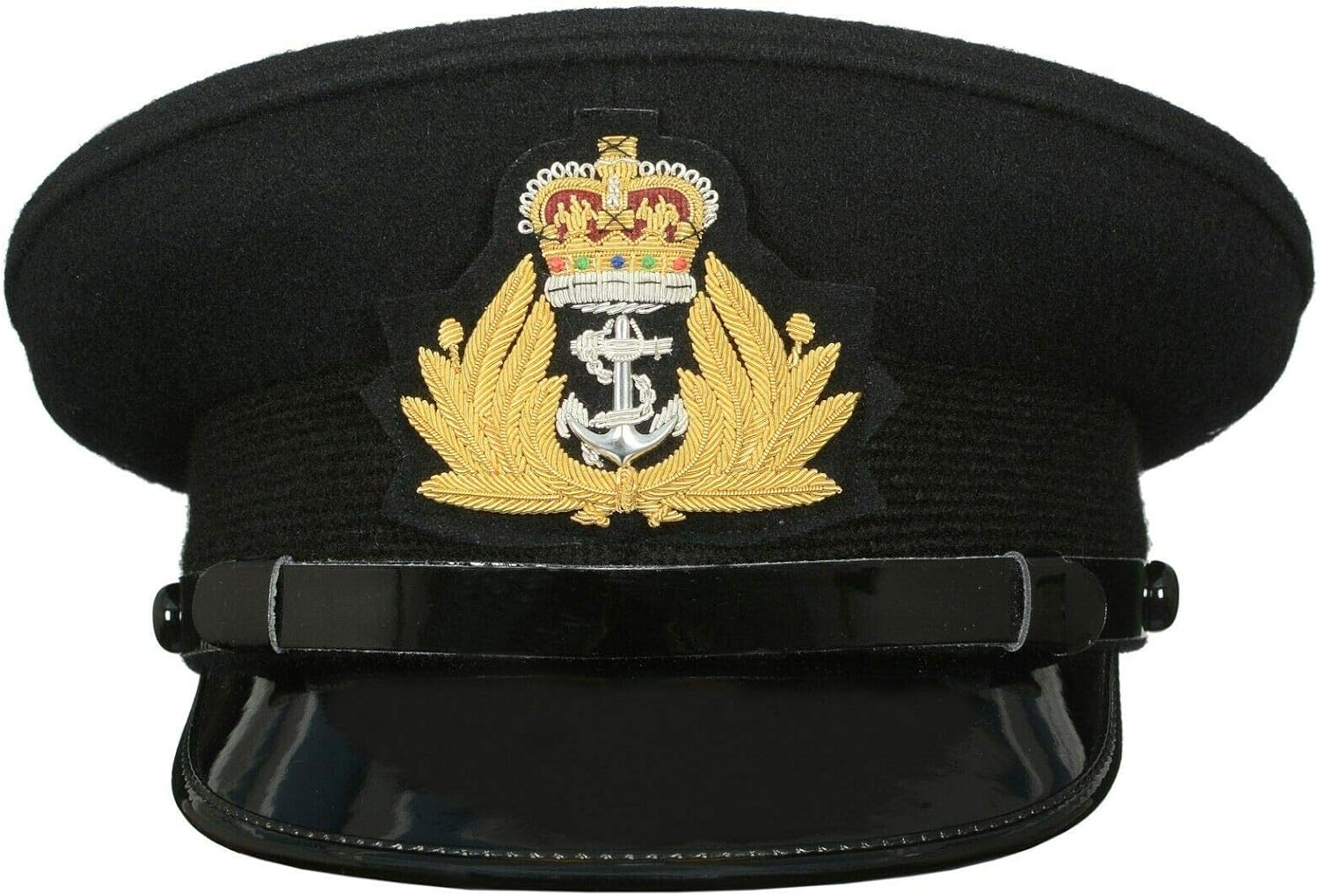 handembroideryuk Royal Navy Officer Black Cap, Naval Peak Cap, R N Cap Bullion Badge Military