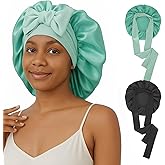 Silk Satin Bonnet for Sleeping, Sleep Cap with Elastic Tie, Curly Hair Wrap Cap for Women, Silky Night Accessories Shower Cap (Black Sage)