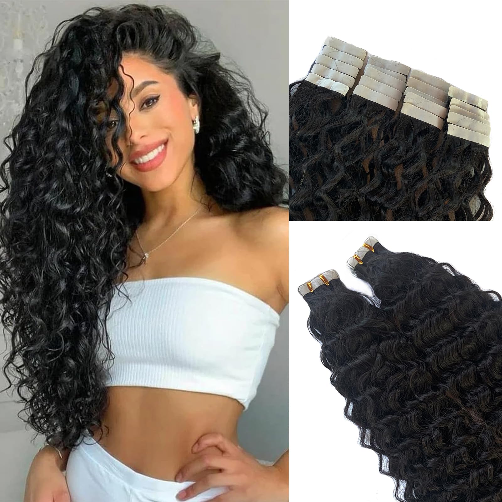 Photo 1 of #1B Water Wave Tape in Extension for Black Women, 9A Brazilian Human Hair Adhesive Skin Weft Loose Wave Tape ins Human Hair Extensions Full Ends 40pcs 100g(24inch, #Natural Black)