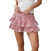 Women Gingham Mini Skirt Y2k Plaid Flowy Layered Ruffle Skirts