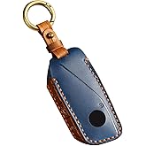 Aoocar Retro Style Leather Key Fob Cover, Compatible with BMW 2023/2024/2025~up New 5 7 Series X1 X2 X3 X5 X6 X7 XM 740i 760i IX IX3 I5 I7, No Screw Design Smart Key Holder Protector(Blue)