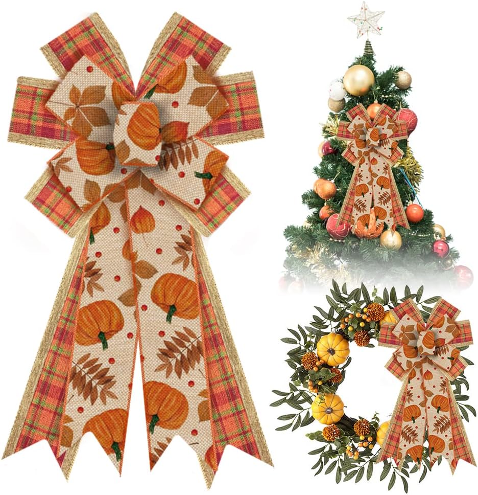 Bows & Ribbons - Estivaux Large Fall Pumpkin Wreath Bows for Front Door, Thanksgiving Natural Burlap Bows Orange Buffalo Plaid Bows Autumn Pumpkin Leaves Tree Topper Bows for Wreath Fall Thanksgiving Day Decorations