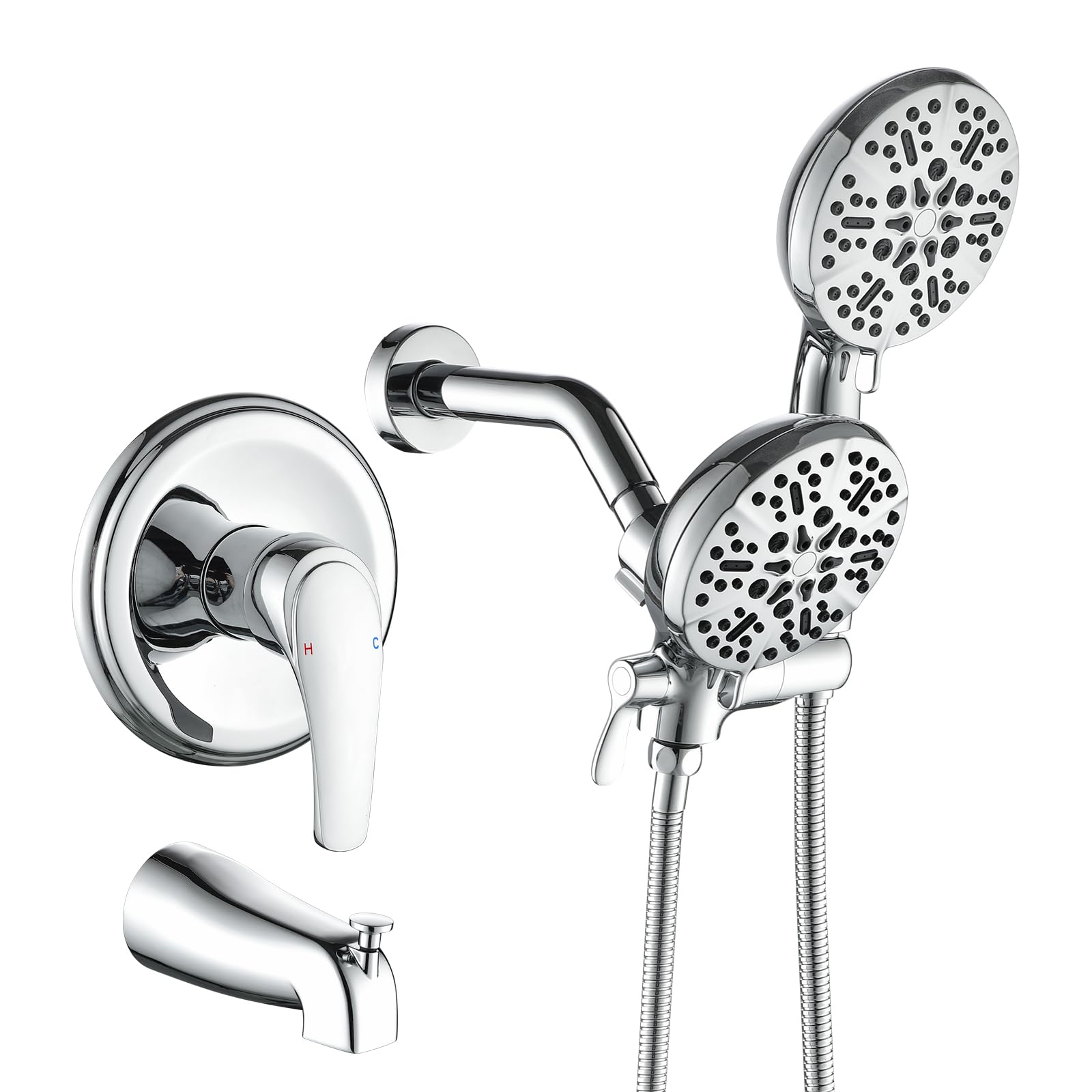 Photo 1 of Dual Shower Faucet Set With Tub Spout - Complete Combo System With Handheld and Head - Trim Kit Chrome Polished Fixtures