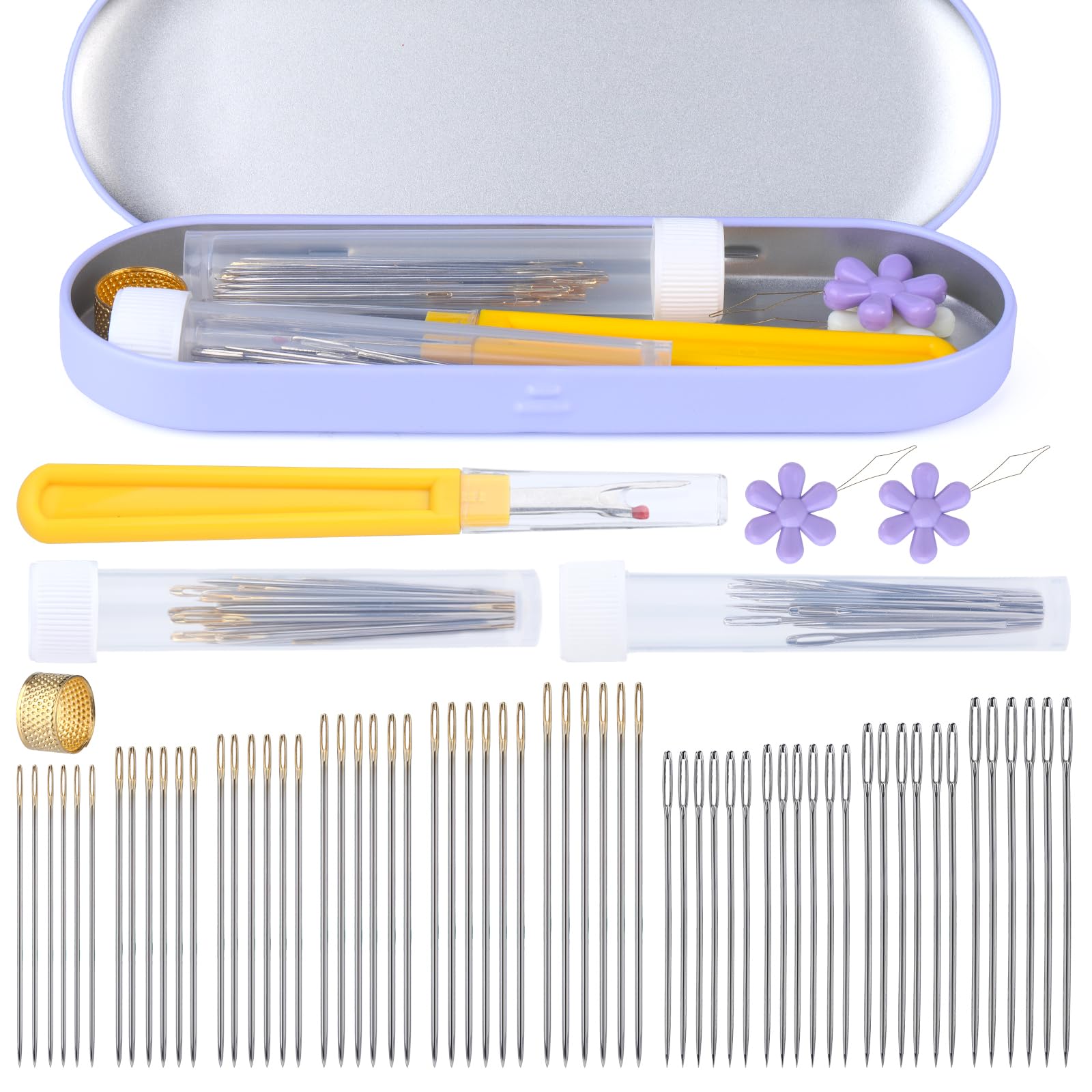 ENCHOL 73Pcs Sewing Needles Set, Assorted for Sewing, Large Eye Hand Needles, Embroidery with Needle Threaders Art Crafts Stitch Remover Thimble, Bottle