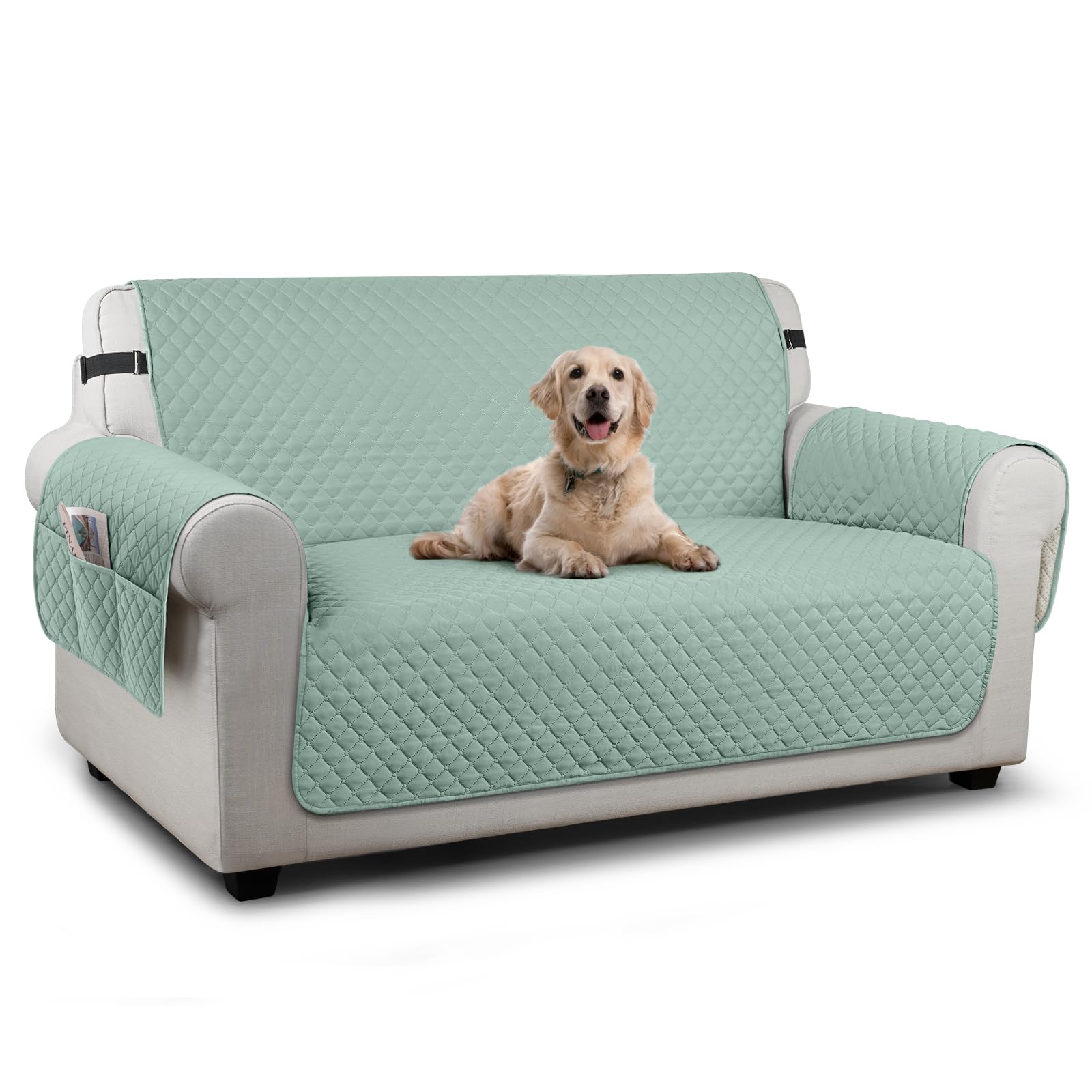TAOCOCO Sofa 2 Seater Cover,Couch Covers with Storage Pockets,Anti Slip Settee Chair Covers,Machine Washable Sofa Protector for Dogs(Mint Green)