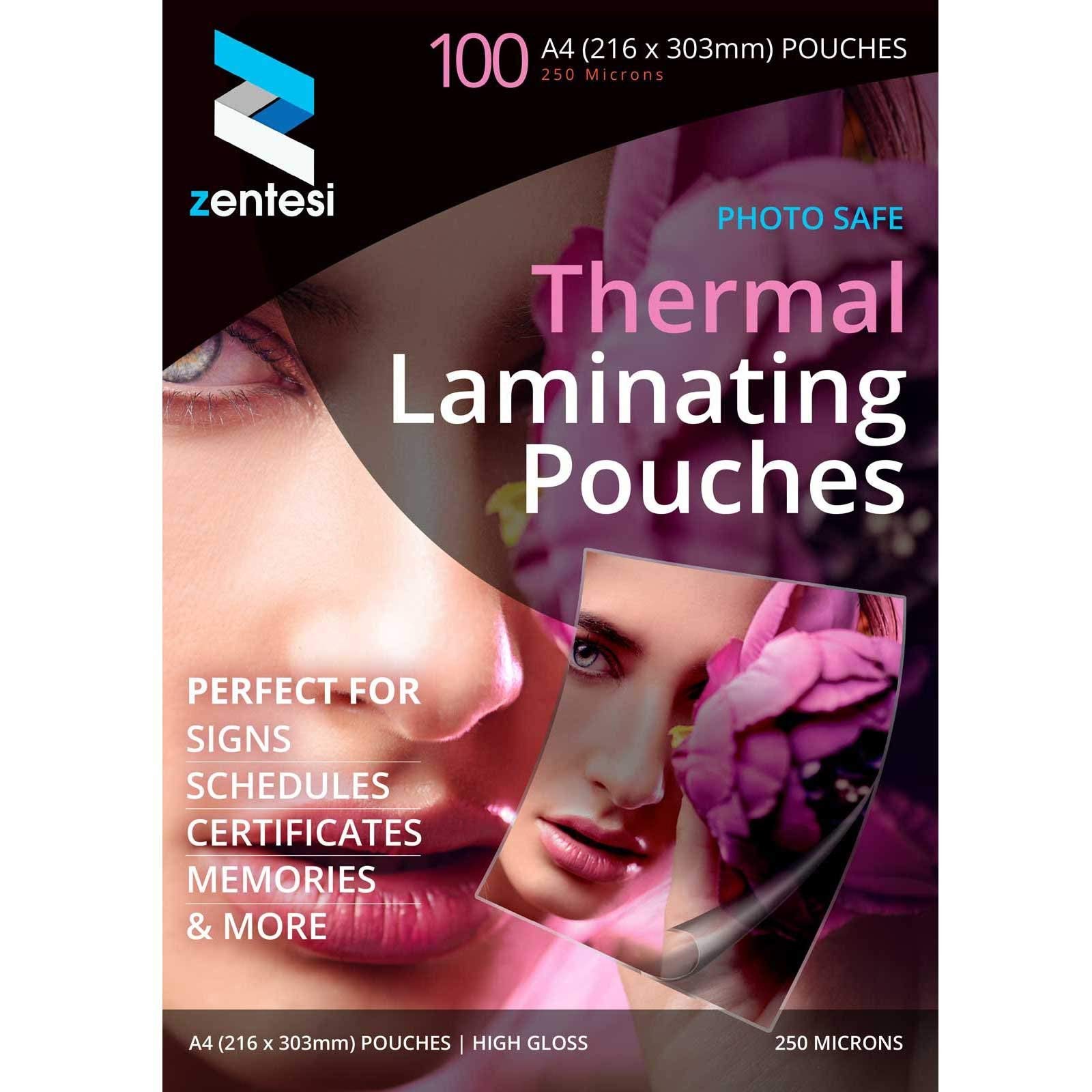 Zentesi A4 Laminating Pouches High Gloss Laminator Sleeves 250 Micron (125 + 125 Microns) Glossy Laminate Pouch Sheets - Pack of 100