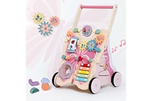 Giant bean Wooden Baby Push Walker for Girls Toddler Kids 1-3 with Activity Center, Pink Butterfly Montessori Learning Push W