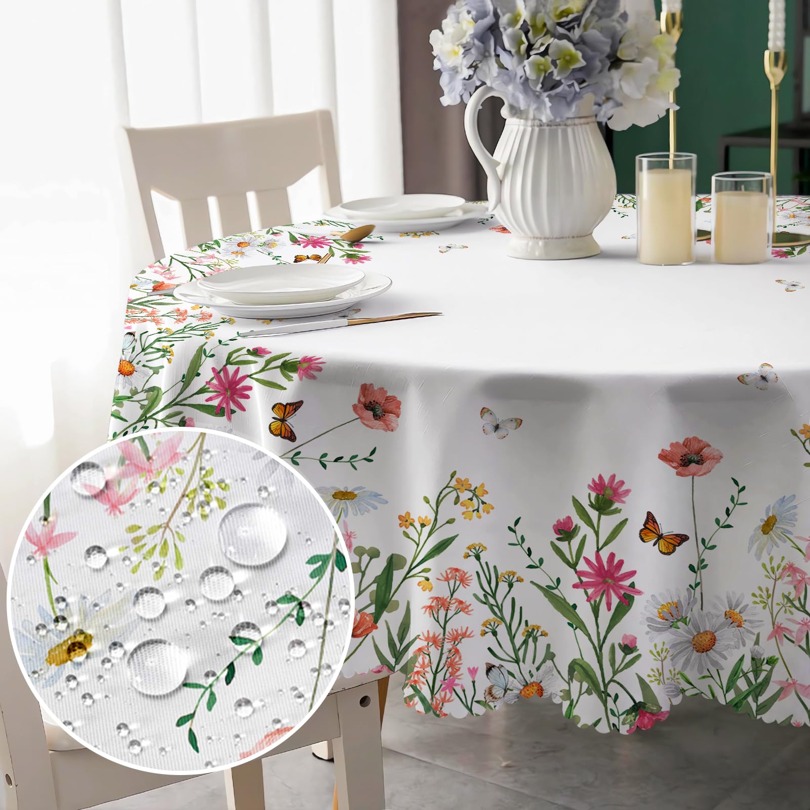Round Tablecloth 150cm Wipeable Tablecloths, Florals Style Tablecloth Waterproof Wipeable Polyester Table Cloth Circular Table Cover for Kitchen, Dinner, Garden, Wedding, Home, Picnic Outdoor Party