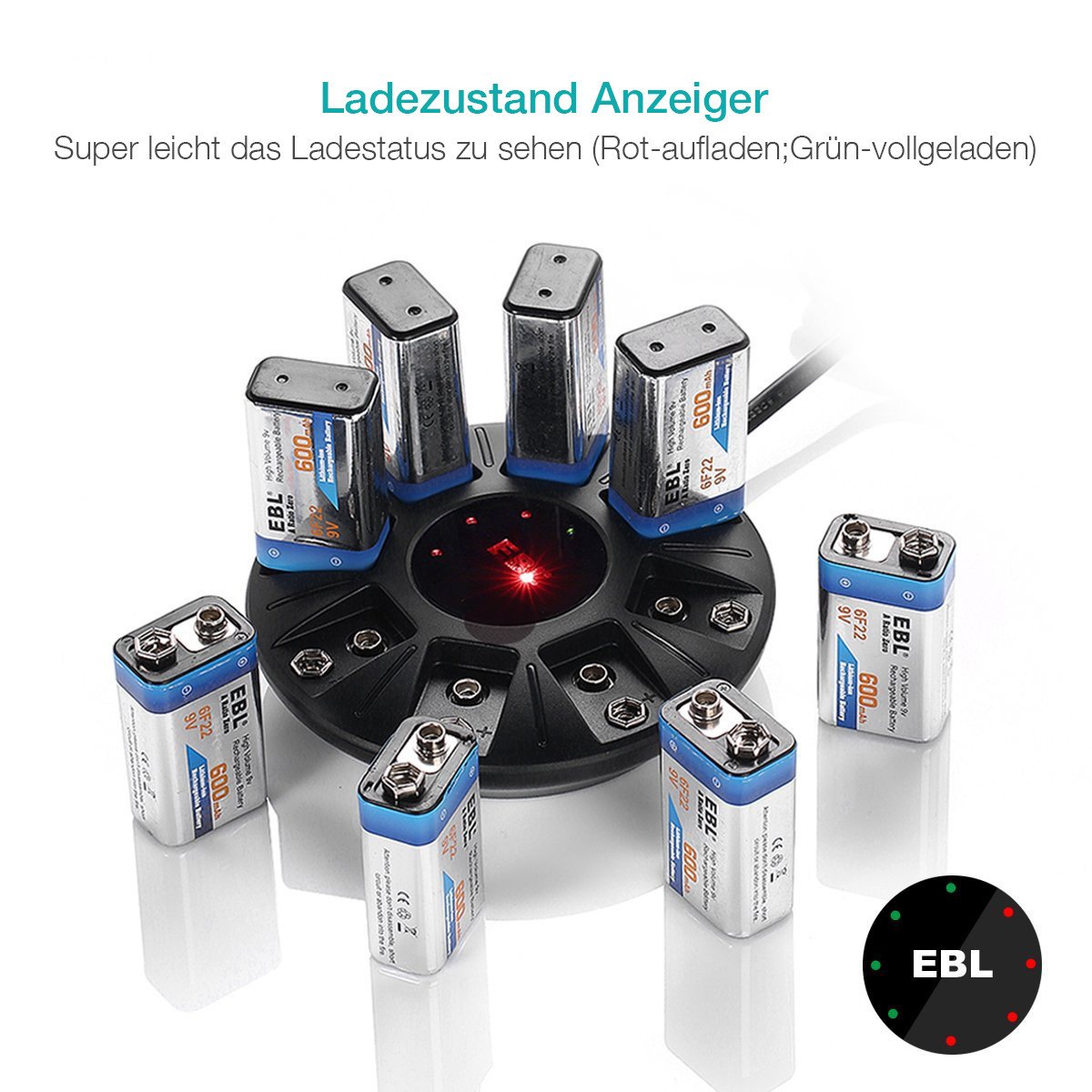 EBL 8 Stecker Akku Ladegerät für 9 V Block Li-ion Wiederaufladbare Akkus