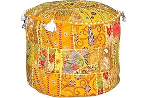 Aakriti Gallery Indian Pouf Footstool Ethnic Embroidered Pouf Cover, Indian Cotton Round Pouffe Ottoman Pouf Cover Pillow Ethnic Decor Art - Cover Only (Yellow, 18x13)