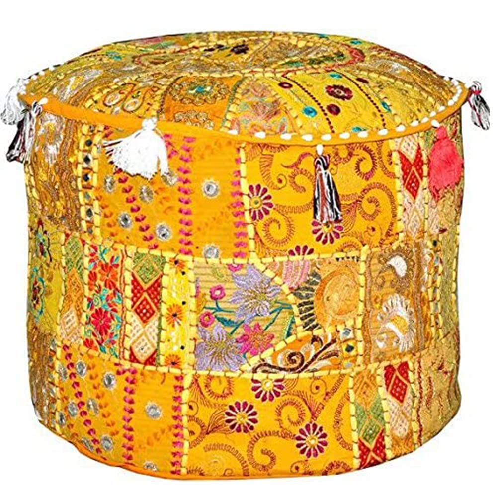 Aakriti Gallery Pouff Footstool Embroidered Pouf Cover, Indian Cotton Round Pouffe Ottoman Pouf Cover Pillow - Cover Only (18x13 inch) (Yellow, 46x33 cm)