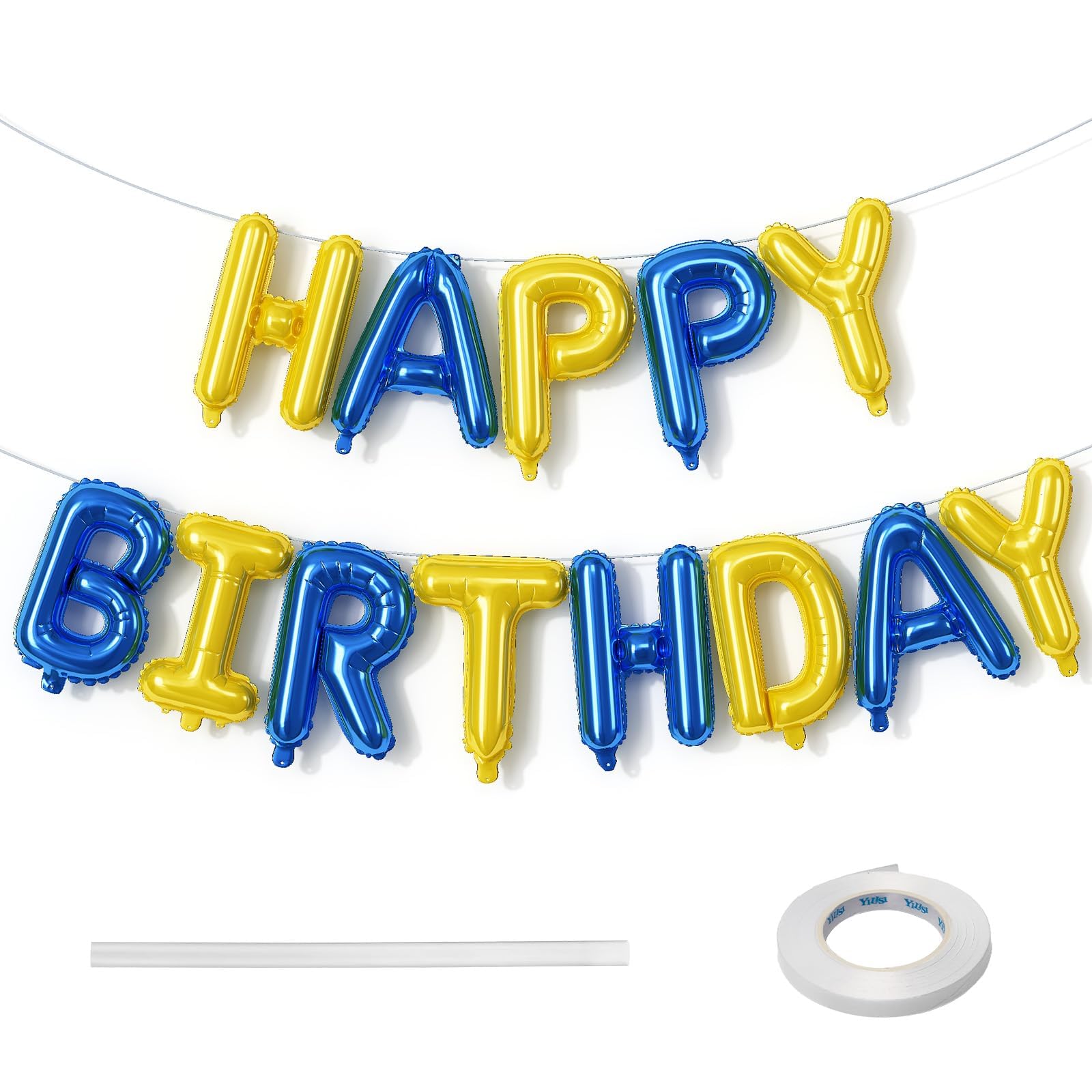 Blue and Yellow Happy Birthday Balloon Banner, 16 Inch Blue Gold Happy Birthday Bunting Banner Letter Foil Balloons for Boys Soccer Club Theme Cartoon Style Bday Party Decorations Supplies — image 1