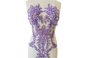 PLUNE Handmade Shiny Rhinestones Applique handsewing Beaded Sequins Crystal on lace Trim Patches for Prom Dress Clothing Decorative Accessories (Lightpurple)