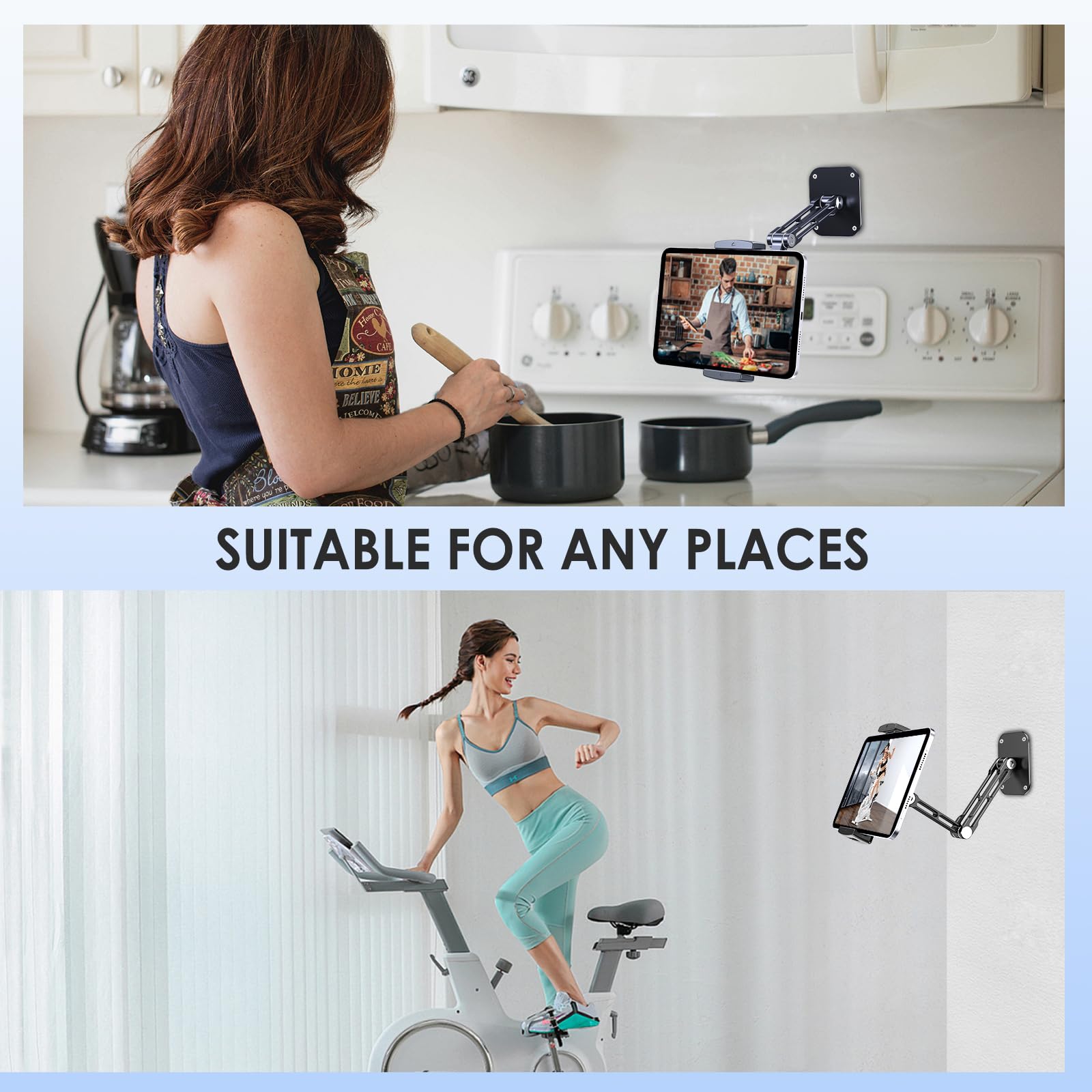Tablet Wall Mount Holder, Aluminium Extendable iPad Wall Holder, with 360°Rotating Base Adjustable and Foldable for iPad Pro Air Mini, Galaxy Tab, All 4.7-13