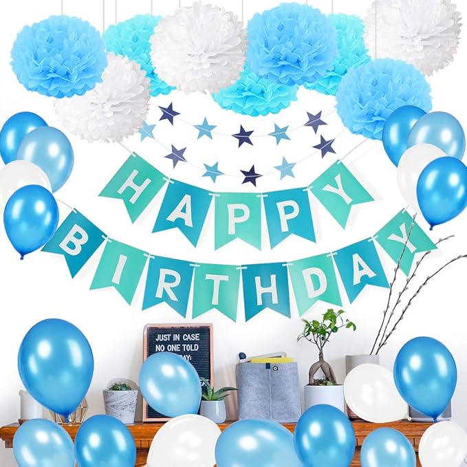 MMTX Geburtstagsdeko Junge 1 Jahr, Junge Geburtstag Deko Ballon mit Happy Birthday Girlande Blau,Wimpelgirlande, Luftballons 