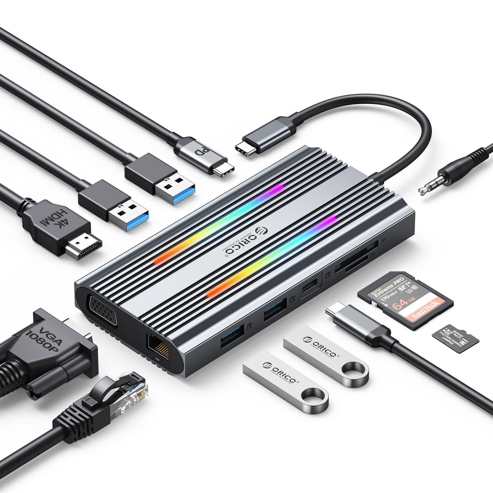 Photo 1 of Docking Station USB C to HDMI Adapter, ORICO 12 in 1 RGB USB C Hub with 4K HDMI 1.4, VGA, 100W PD, Ethernet, 5 USB Data Ports, SD/TF, Audio, 14 RGB Lighting Modes, Compatible for Windows/Mac OS?Grey?