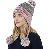 Women Winter Peruvian Cover Ears Beanie Hat Ear Flaps Sherpa Ski Snow Hats Knit Fleece Lined 3 Pom Pom