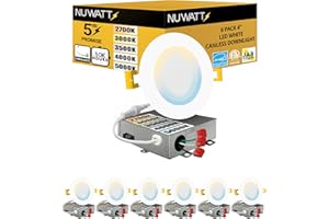 NUWATT 4 Inch Ultra Thin LED Recessed Lighting, 5CCT 2700K/3000K/3500K/4000K/5000K Selectable, 630LM, 9W, IC Rated, Dimmable Canless LED Wafer Light, White Trim, Metal Junction Box, ETL, 6 Pack