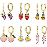 T-ztoss 6 Pairs Handmade Funny Cute Fruits 925 Hoop Dangle Drop Earrings Peach Grape Pineapple Daisy Strawberry Hoop Earrings Sets Statement Jewelry Gifts For Women Girls
