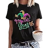 Mardi Sequin Shirt for Women Graphic Carnival Parade Short Sleeve Sparkly Festive Tee Holiday Outfit