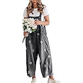 utcoco Women Floral Printed Adjustable Strap Denim Bib Overall Wide Leg Jeans Casual Baggy Overalls Jumpsuit