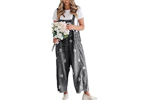 utcoco Women Floral Printed Adjustable Strap Denim Bib Overall Wide Leg Jeans Casual Baggy Overalls Jumpsuit