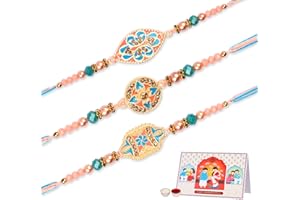 IndoTribe, Rakhi For Brother with Gift Set - Set of 3, Rakhi For Brother with Card, Roli Chawal | Rakhi for Brother and Bhabhi | Lumba Rakhi For Brother | Bhaiya Bhabhi Rakhi | Raksha Bandhan Rakhi